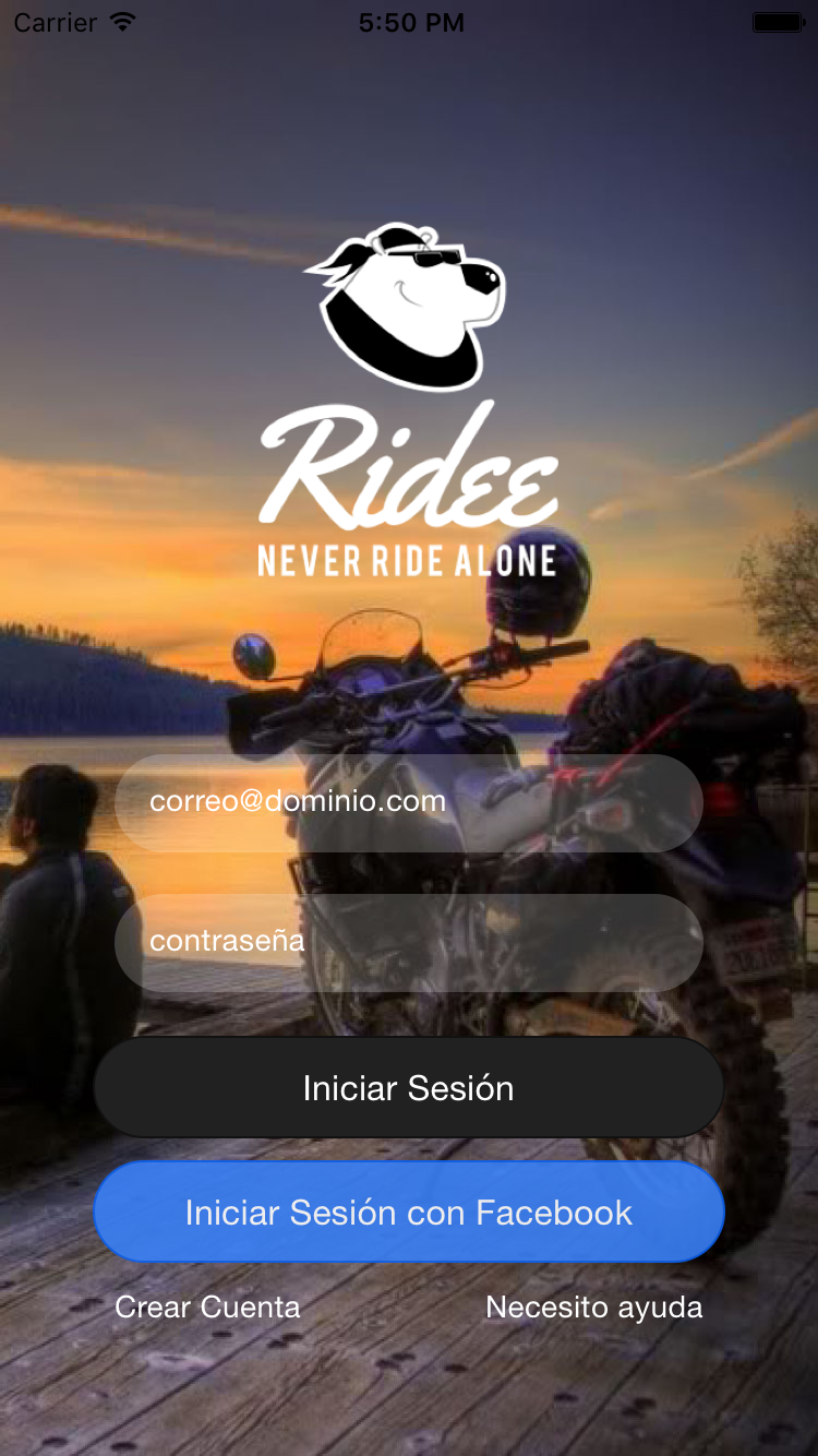 Pantalla Login Ridee