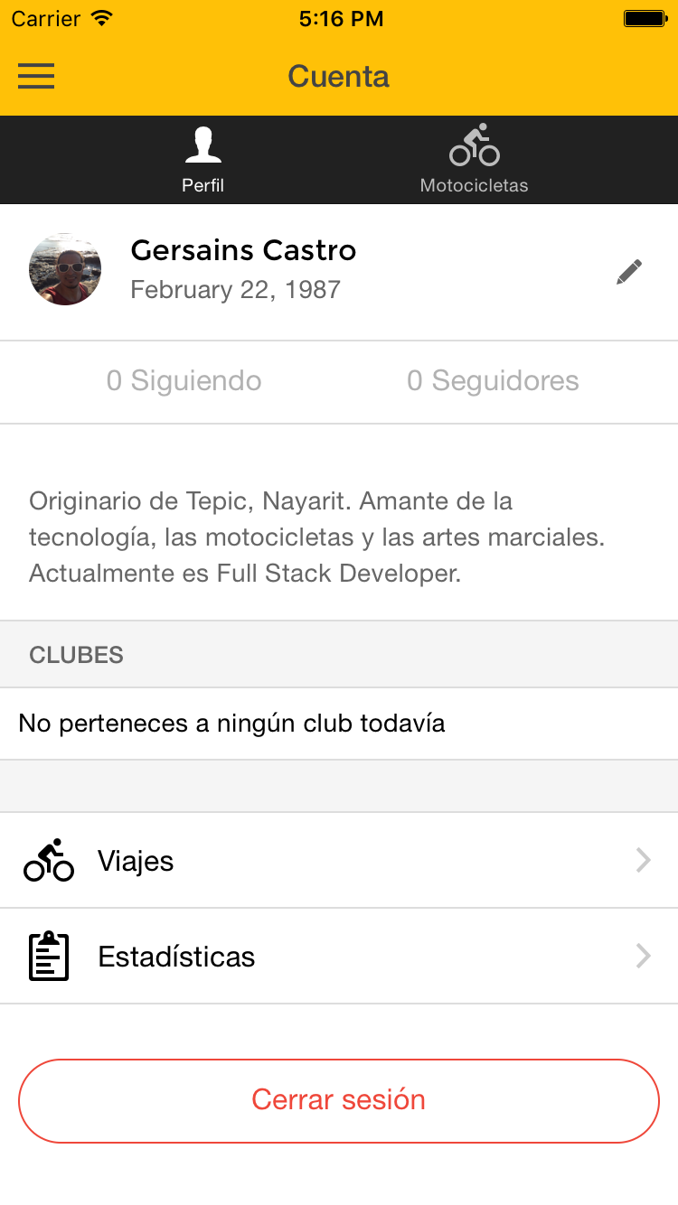 Pantalla Perfil Ridee